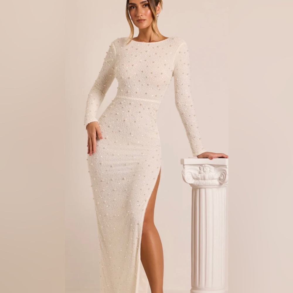 Oh Polly ivory/white pearl embellished dress